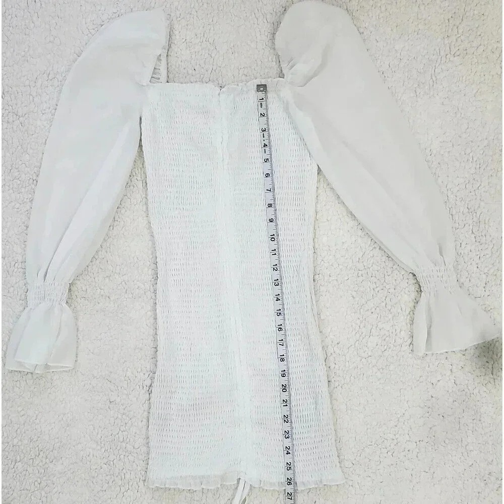 Princess Polly White Smocked Mini Dress Long Sheer Sleeve Ruched Bodycon XS S - Picture 5 of 11